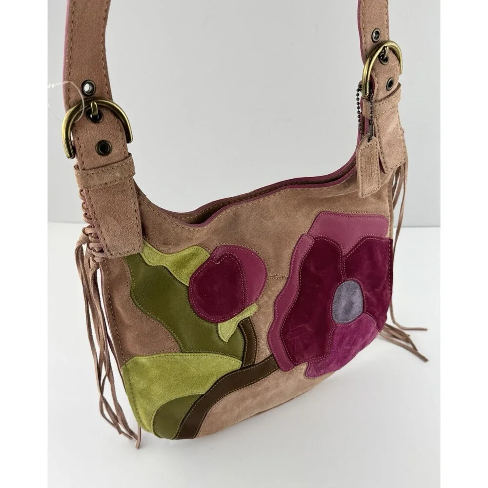 2004 COACH POPPIES SUEDE LEATHER HIPPIE BAG PINK SHOULDER CROSS BODY HOBO